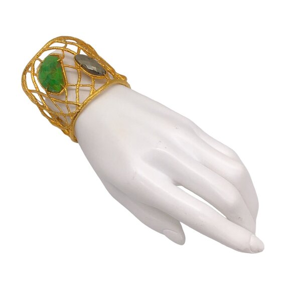 ALEXIS BITTAR GREEN STONE GOLD WIRE WIDE CUFF BRACELET - Picture 3 of 3